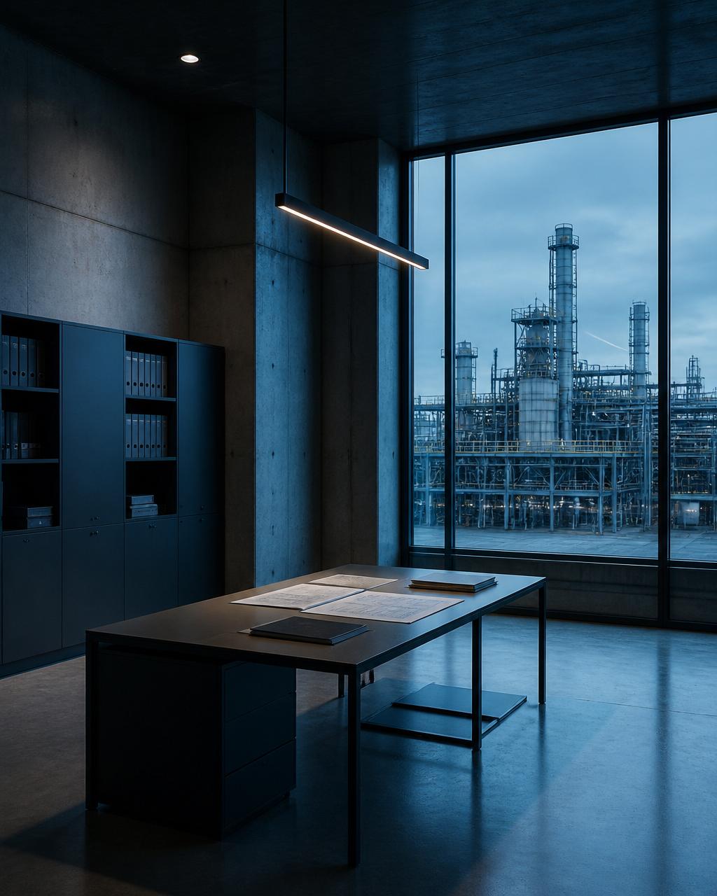 Sala de auditoría técnica con vista a una infraestructura industrial al amanecer